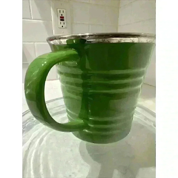 Starbucks Mug 14oz Green Ribbed Sand Pail Bucket 2007 Silver Metallic Rim Cup - Picture 1 of 12